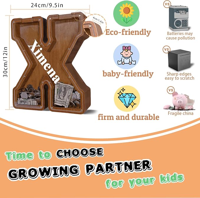 Wooden Letter Piggy Bank for Kids Larger Letter Piggy Bank for Boys and Girls Personalized Piggy Bank Initial Coin Bank Wood Kids Money Bank for Birthday and Festival
