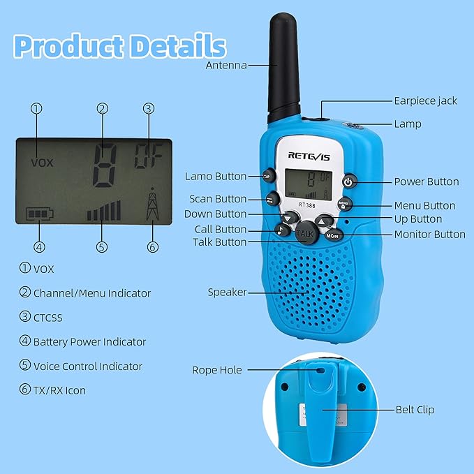 Retevis RT388 Walkie Talkies for Kids,Toys Gifts Kids Walkie Talkie,Long Range FRS Radio for Boys Girls Aged 6-12,Gift Stocking Stuffers(Blue 1 Pair)