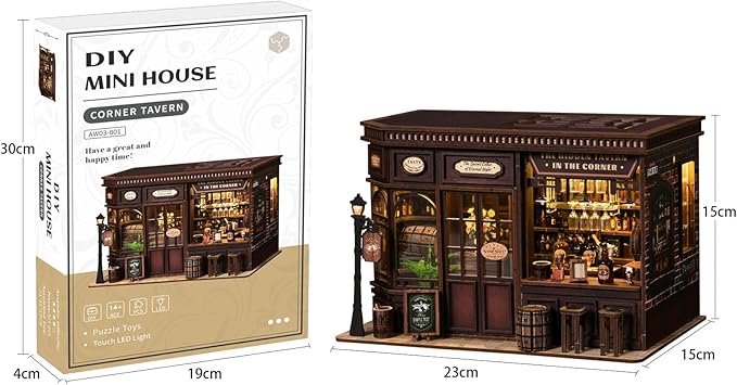 Book Nook Kit - DIY Miniature Dolls House Kit with Furniture and LED Light, 3D Puzzle Wooden Art Bookends, Model Kits for for Adults and Teens (Corner Tavern)