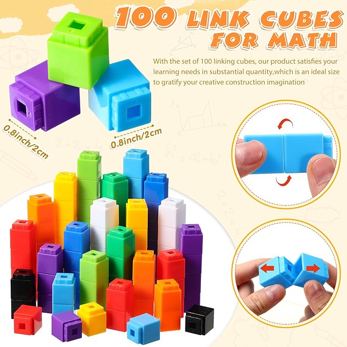 Jenaai 100 Pcs Linking Cubes Plastic Math Cubes Manipulative Counting Blocks STEM Snap Blocks Connecting and Counting for Early Math and Construction, Homeschool Preschool Supplies(Classic)