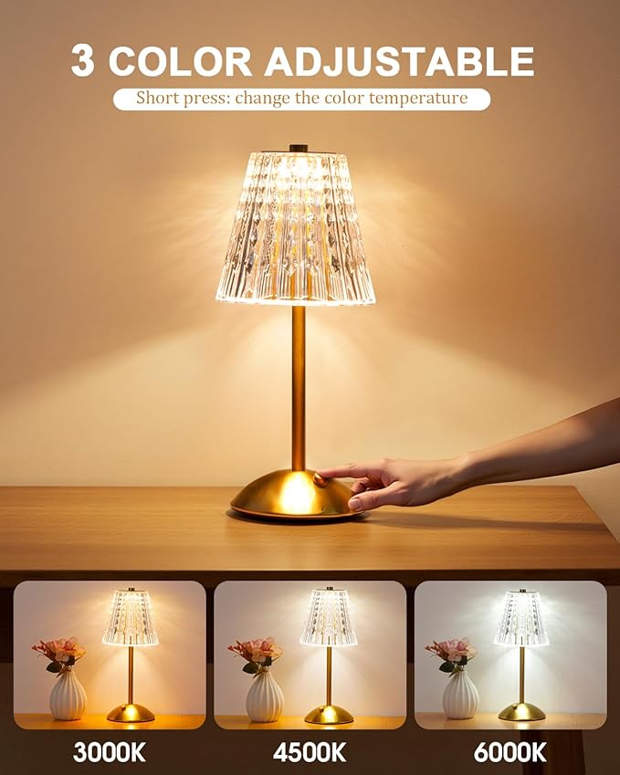 Cordless Touch Table Lamp, 3500mAh LED Rechargeable Small Dask Lamp, 3 Colors Dimmable Battery Operated Crysta Lamp for Bedroom Restaurant Kitchen Home Decor, Gold