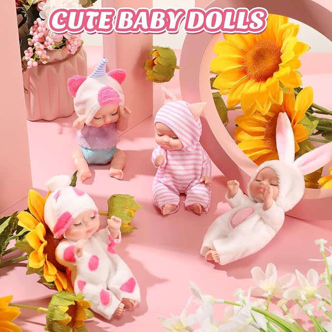 Hanaive 4 Pcs 4 Inch Mini Baby Dolls Lifelike Realistic Baby Dolls Animal Clothes Cute Tiny Gifts for Kids Birthday Party(Lovely Style)
