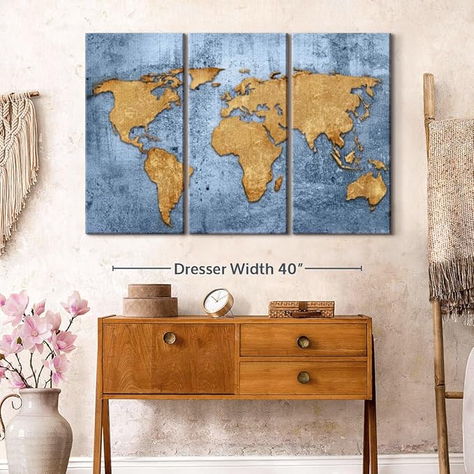 ElephantStock Azure World Map Wall Art Multi Piece Canvas - 3 Panel Wall Decor - Map of the World Art - Canvas for the Office and Home - 50" X 32"