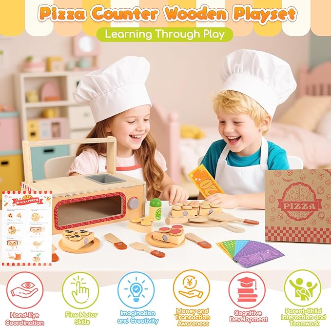 Wooden Pizza Toy Set for Kids, 68PCS Montessori Pretend Play Food Toys, Wooden Pizza Counter Playset with Bake Oven & Toy Dishes, Develop Imagination, Ideal Gift for Boys & Girls Aged 3+