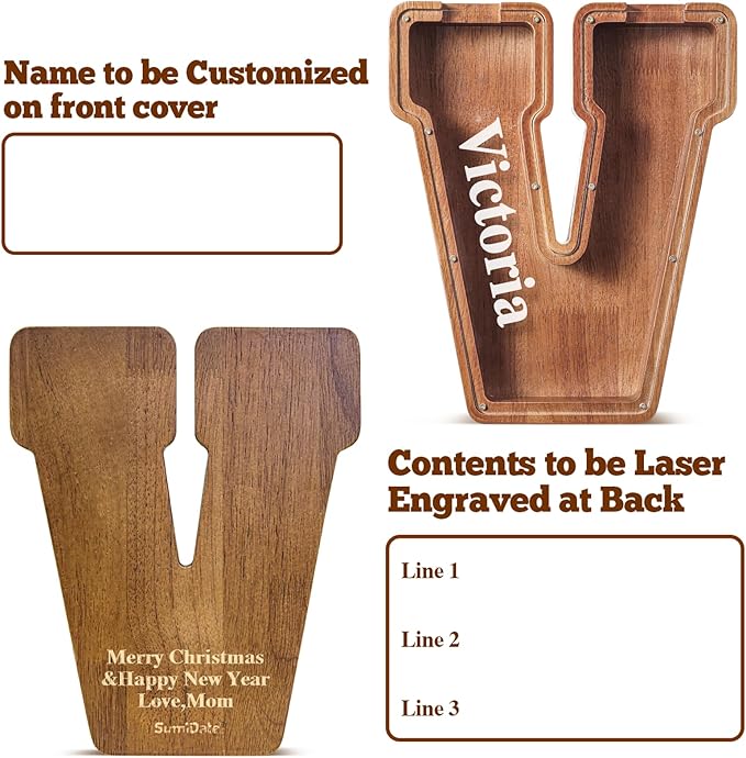 Summidate Customized Name Extra Large Wooden Piggy Bank for Kids Boys Girls Alphabets Letter A-Z Coins Bills Money Change Saving Box Clear Cover (Laser Engraved) Educational Toys 12"- Letter V