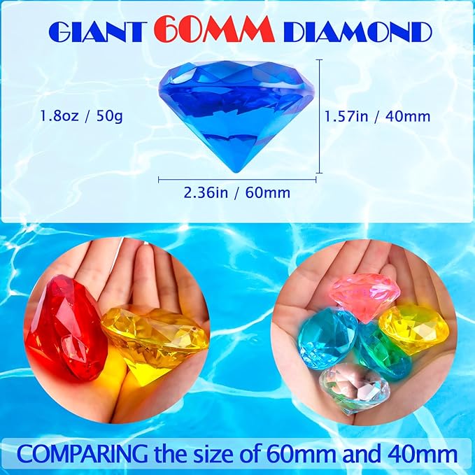 Niceup 60mm Large Diving Gems Pool Toys for Kids 7PCS 2.36in Acrylic Fake Jewel Gemstones Princess Mermaid Dive Party Favors Swimming Toys Red Blue Purple Green Clear Yellow Pink
