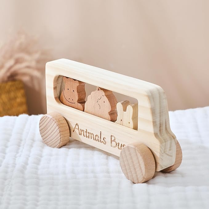 let's make Baby Wooden Toys Push Cars Animal Bus Toys Set Toddlers Developmental Grasping Toys Wooden Toys Gift for Kids Boys Girls Birthday Christmas