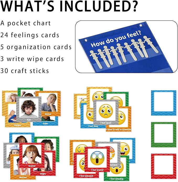 Boczif Emotions Feelings Pocket Chart for Classroom Chart with 24 Cards for Preschool Teacher,Daycare Decor, Social Emotional Learning Activities, Calm Down Corner Supplies (Blue)