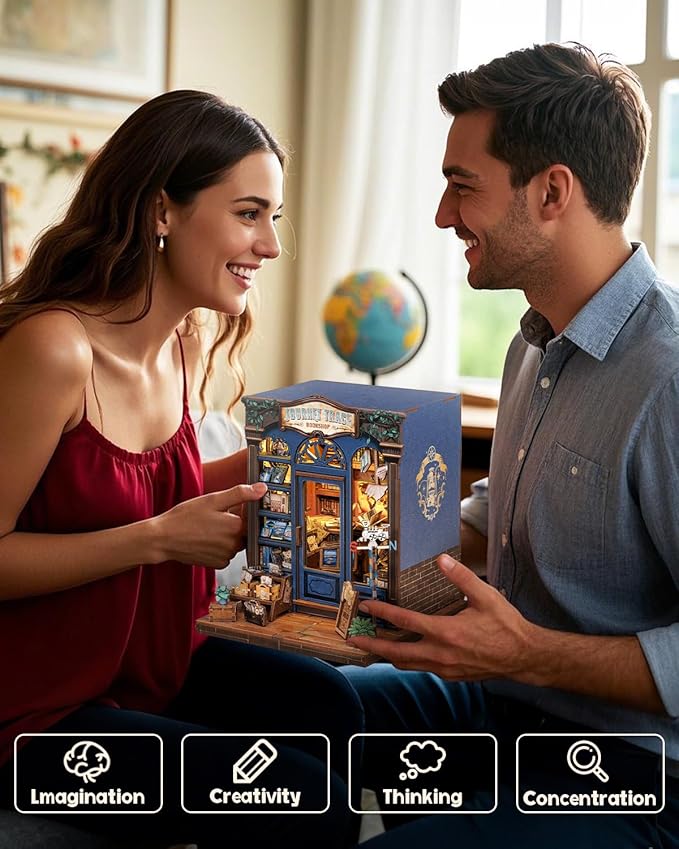 Cutefun Book Nook Kit - DIY Miniature Dollhouse Booknook Kit for Adults and Teens, Tiny House Bookshelf Insert Decor with LED Light, Gifts for Family and Friends (Journey Trace Bookshop)