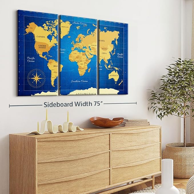 ElephantStock Yellow Longitude World Map Multi Piece Canvas - 3 Panel Wall Decor - Map of the World Art - Canvas for the Office and Home - 65" X 42"