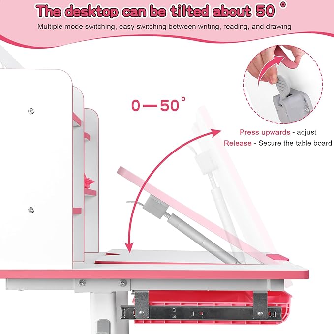 2025 NEW Kid's Study Desk and Chair Set, Ergonomic Height Adjustable Children Study Desk with Tilt Desktop, Book Stand, Light, Metal Hook and Storage Drawer,Gift for Boys Girls (Pink 119cm lean)
