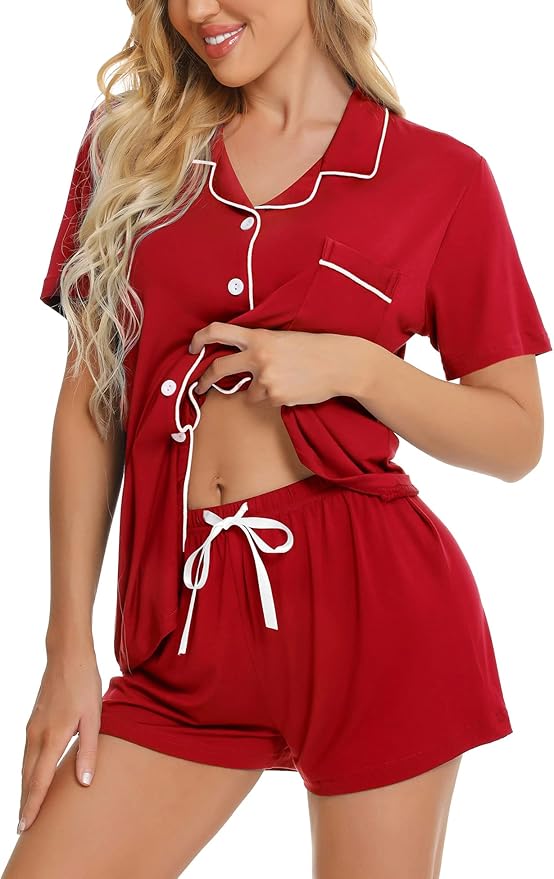 SWOMOG Womens Button Down Pajamas Set Short Sleeve Sleepwear Bride Soft Pj Lounge Sets XS-3XL