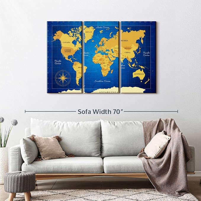 ElephantStock Yellow Longitude World Map Multi Piece Canvas - 3 Panel Wall Decor - Map of the World Art - Canvas for the Office and Home - 50" X 32"