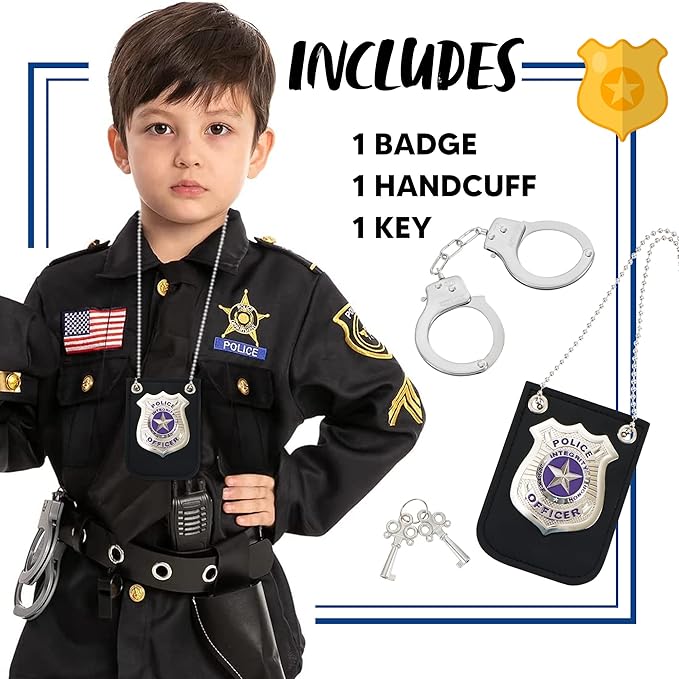 Spooktacular Creations Police Pretend Toy Set for Kids, Silver Police Badge Handcuffs, Cop Play Costume Accessories, Halloween Party Favors, Detective Dress Up, Christmas Stuffers for Boys Men Women