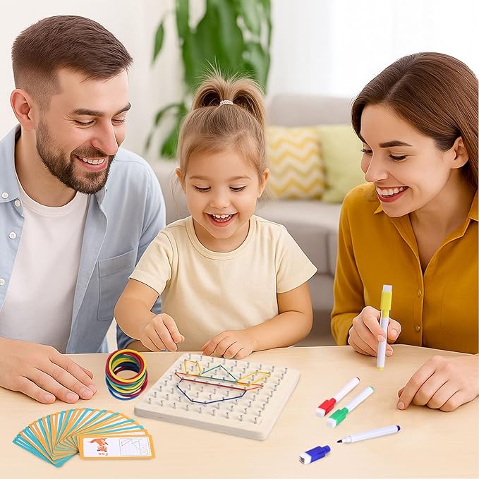 LovesTown Wooden Geoboard Montessori Toys for Kids Graphical Geo Board with Rubber Bands Educational Brain Teaser Toys for Boys Girls (Pack of 2)
