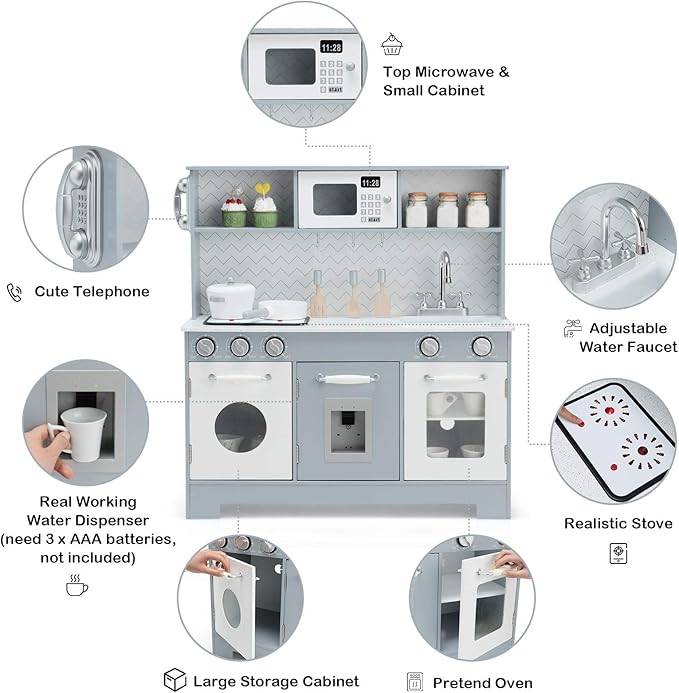 Costzon Kids Kitchen Playset, Wooden Pretend Cooking Playset w/Stove, Fridge, Microwave, Removable Sink, Water Dispenser w/Light Sound, Cabinets, Great Gift for Boys Girls