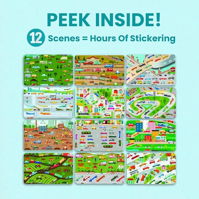 CUPKIN Sticker Book for Kids 2-4, 500+ Kids Stickers, Cars, Trucks, Planes & Trains 12 Coloring Pages 12 Side by Side Scenes, Fun Toddler Travel Activity Coloring and Sticker Books for Ages 4-8 + 8-10