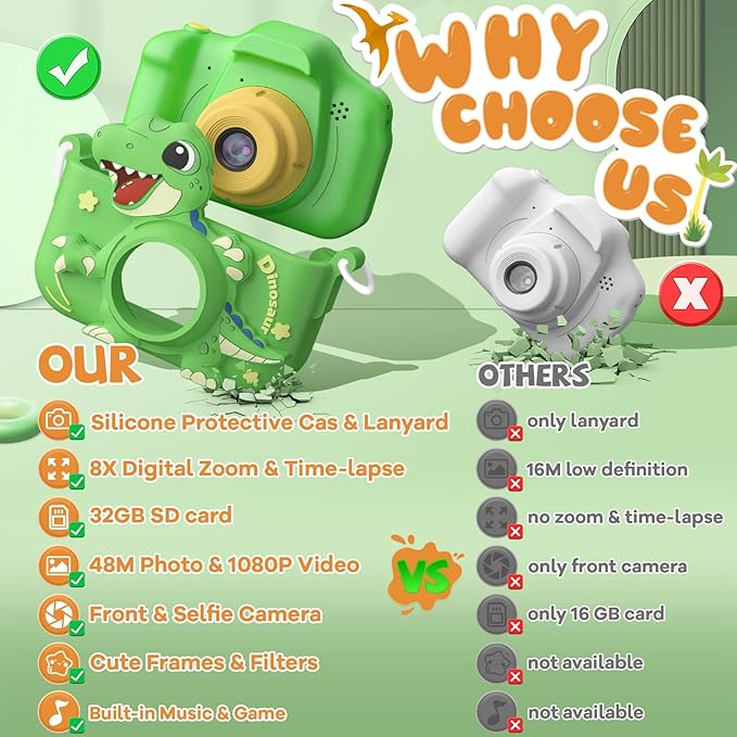 Upgraded 48MP Kids Camera for Girls Boys 3-12, Video Selfie Camera-Christmas Birthday Dinosaur Gift for Toddler, HD Digital Camera Toy for Child with 32GB SD Card & Silicone Cover (Green)