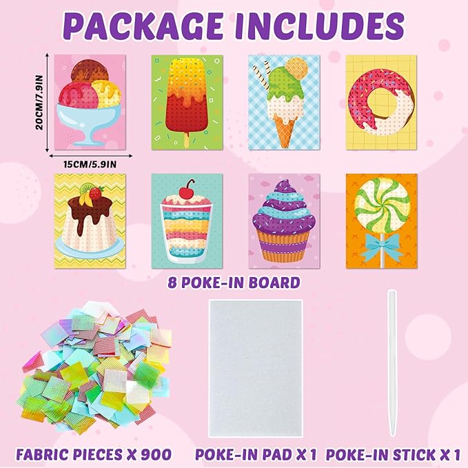 8PCS Poke-in Craft and Art Kit for Kid Dessert Cake Theme No-Mess Fabric Sewing Art Girl Boy 4-12 Puzzle Puncture Painting Ice Cream Donut Toy Gift for Creative Activity Game Birthday Party