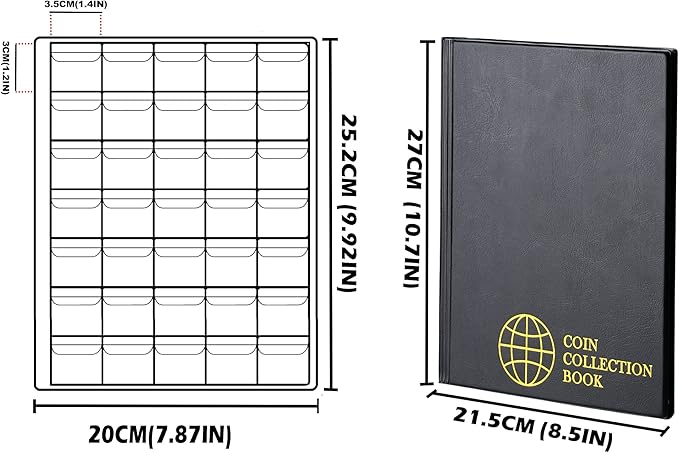 350 Pockets Coin Albums - 35x30 mm/1.3x1.1 inch Pocket Black Coin Book 10 Pages Coin Collection Holder Letter Size Coin Storage Book CS0235BK