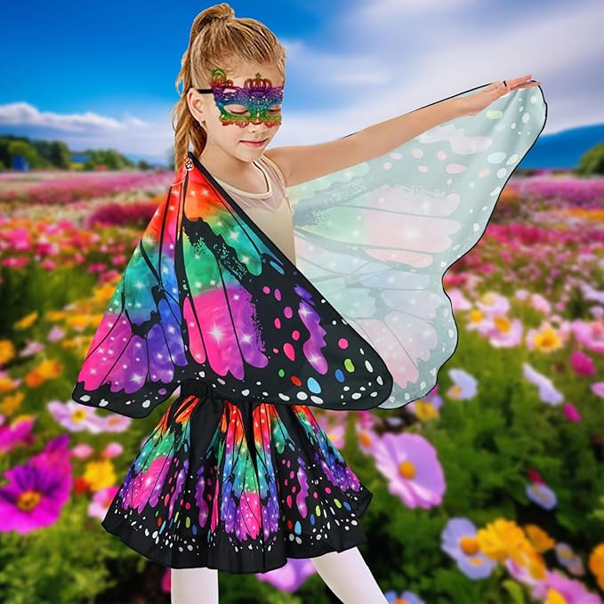 Butterfly Costume for Girls Fairy Wings Kids 4 Pcs(Cape,Skirts,Masks,Hair Clips) Butterfly Wings for Halloween Gifts