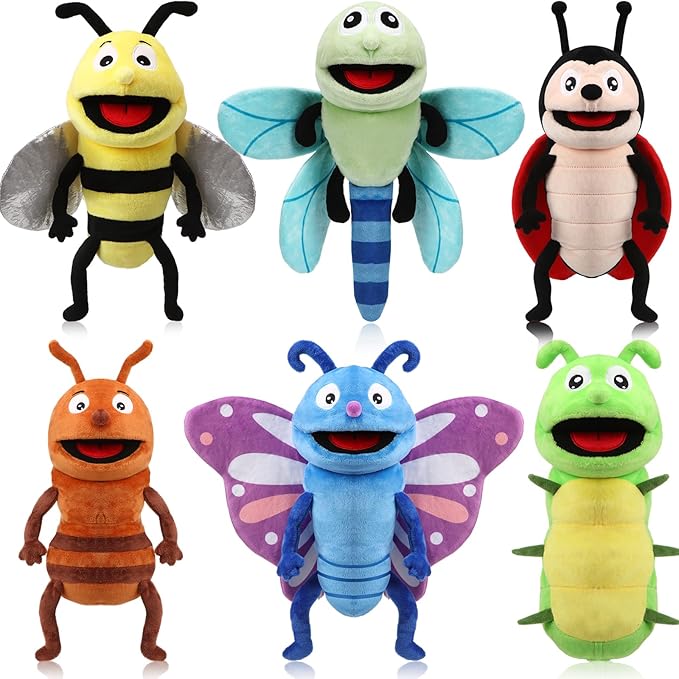 Lenwen 6 Pcs Operation Christmas Items Bulk Animal Hand Puppets with Working Mouth 10 Inches Plush Puppets for Toddler Kid Storytelling Imaginative Role Play Show Party Gifts(Insect)
