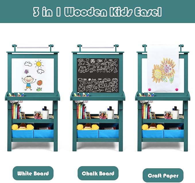 Costzon Kids Art Easel, 3 in 1 Double-Sided Wooden Easel w/Magnetic Whiteboard, Chalkboard & Paper Roll, 2-Tier Rack w/ 2 Storage Boxes, Standing Easel for Kids, Toddlers, Boys, Girls (Blue)