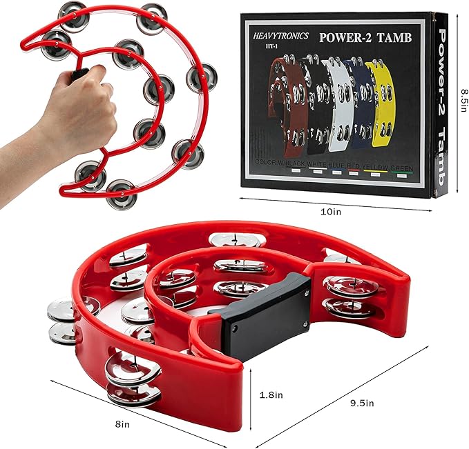 Musfunny Tambourine with Double Row Metal Jingles Hand Held Percussion Tambourines Musical Educational Instrument Gifts for Adults KTV Party (Red)