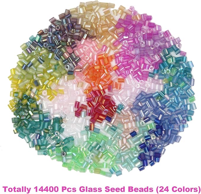 EuTengHao 14400pcs Tube Beads Bugle Glass Seed Beads, Small Craft Spacer Beads for DIY Bracelet Necklaces Crafting Jewelry Making Supplies with Two Crystal String (3mm, 600 Per Color, 24 Colors)