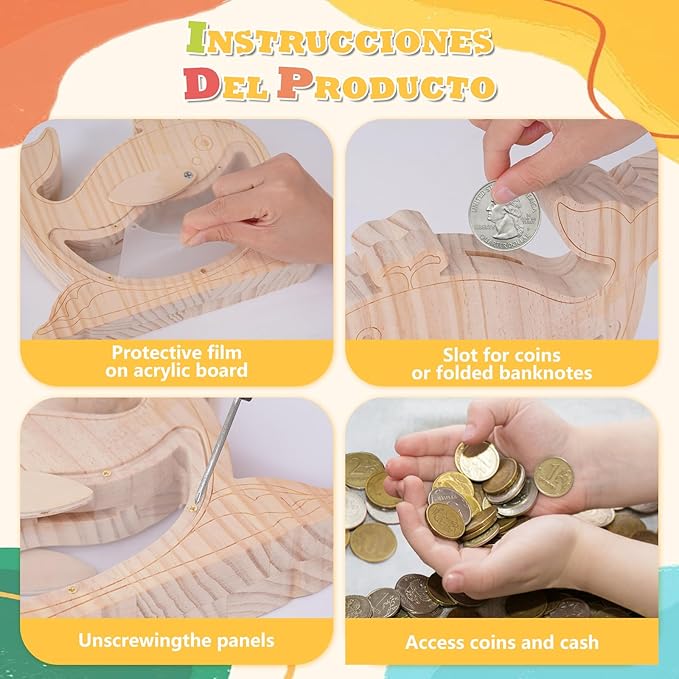 Wooden Piggy Bank for Kids, DIY Night Light Personalized Money Bank for Boys, Girls, Unbreakable Saving Box with Paintbrush and 12 Paints, Coin Jar Gifts for Kids Birthday&Decor(Whale)