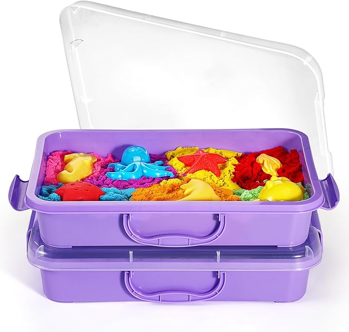 2 Pcs Sand Tray Sensory Bin with Lid and Handle, Portable Sensory Sandbox Container for Kids, Plastic Activity Tray for Toddlers (Purple)