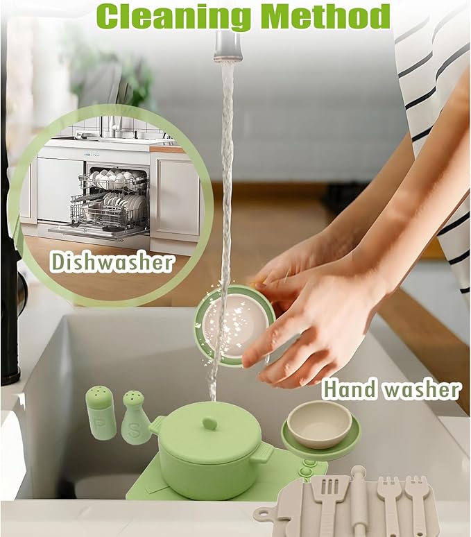 Play Kitchen Accessories, Silicone Pretend Play Kitchen Toys Set, Play Kitchen Pots and Pans Set for Kids, Learning Education Cooking Toys for Girls and Boys(Green)