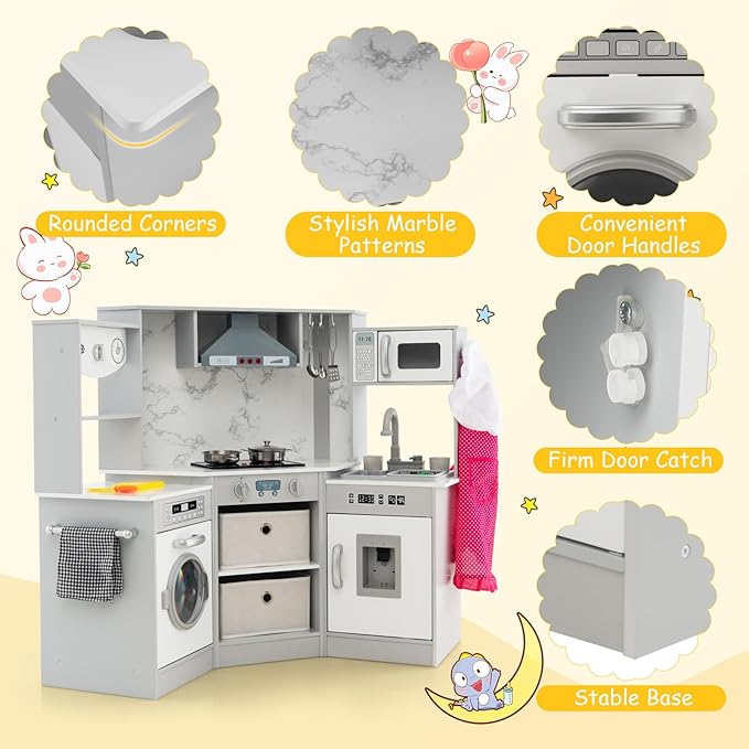 Costzon Corner Play Kitchen, Wooden Toddler Kitchen Playset with Lights and Sounds, Water Circulation System, Washing Machine, Toy Kitchen with Accessories, Kids Kitchen Playset (Grey)