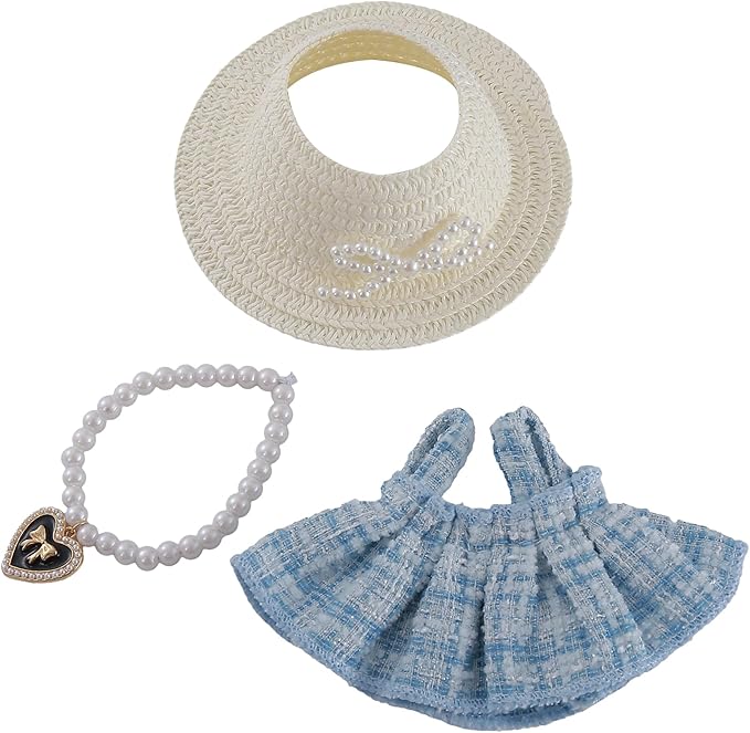 17cm Doll Clothes Set 3-Piece Doll Clothing Set with Blue Dress Necklace Accessories for 17cm Plush Dolls, Clothes Only, No Doll Included