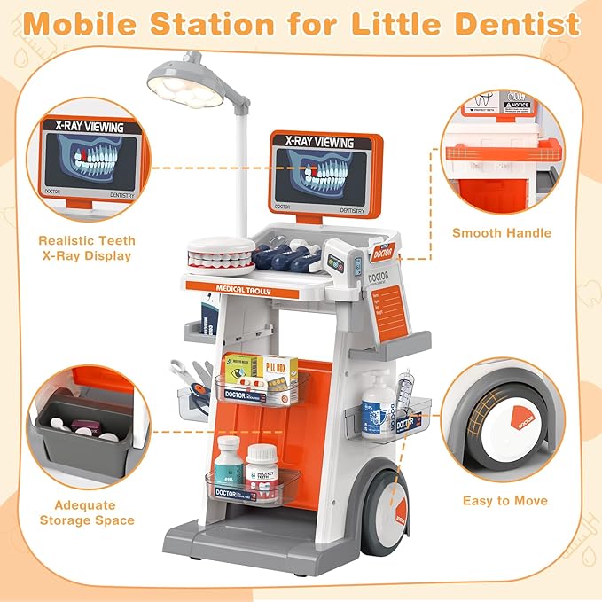 Dreamon Doctor Kit for Todders 3-5 Pretend Play Toys - 29 Pcs Kids Dentist Cart Play Set with Light and Costume - Role Play Medical Toy for 3+ Year Old Boys and Girls Christmas Birthday Gifts