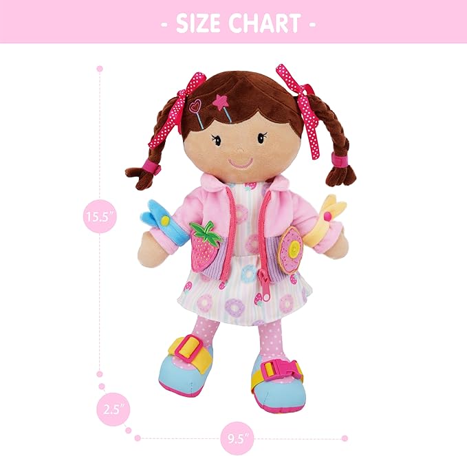 June Garden 15.5" Dressy Friends Daisy - Educational Stuffed Plush Doll for Kids and Toddlers 2 Years and Up - Montessori Buckle Soft Toy