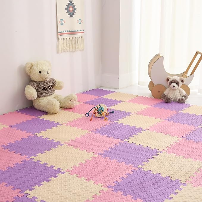 Foam Play Mat for Baby, 0.4 Inch Thicked Interlocking Floor Mats with Solid Colors, Soft Non-Toxic Squares Baby Play Mat, EVA Foam Puzzle Floor Mat for Toddler, 16 Tiles(Pink/Beige/Purple)