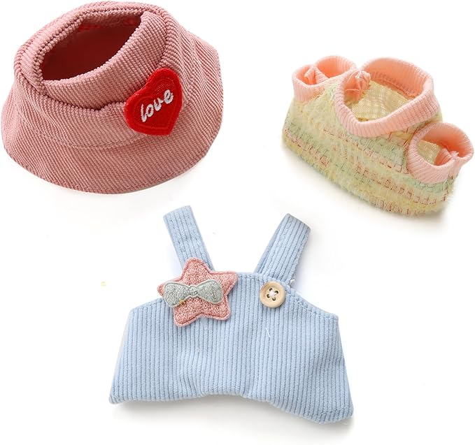 17cm Doll Clothes for Labubu - Kawaii Chic Style Set for 17cm Dolls, Cute Doll Outfit with Accessories - Colorful T-Shirt + Star Light Blue Romper + Heart Shaped Pink Hat (Clothes Only)