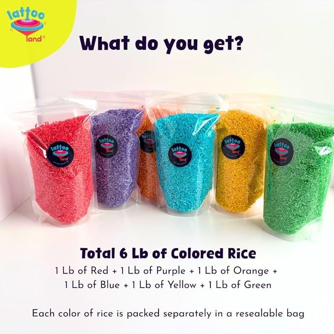 6 Colored Rice Sensory Bin Filler 6 LB (1 LB Each)| Non-Toxic & Child-Safe Montessori Sensory Play for Toddlers | Sensory Table Filler | Color Sorting & Perception | Learning Activity