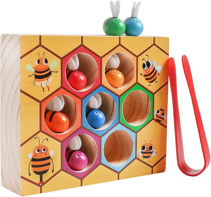 Toddler Fine Motor Skill Toy, Clamp Bee to Hive Matching Game, Montessori Wooden Bee Hive Toys, Wood Color Sorting Puzzle Early Learning Preschool Educational Gift for 3 4 5 Years Old Kids