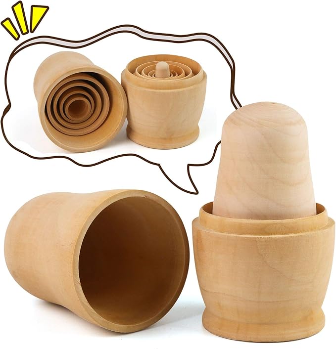 Koogel 6 Set Unpainted Nesting Dolls for Kids, Blank Nesting Dolls Wooden Matryoshka for Parent Child Activities Birthday Gift DIY Enthusiasts