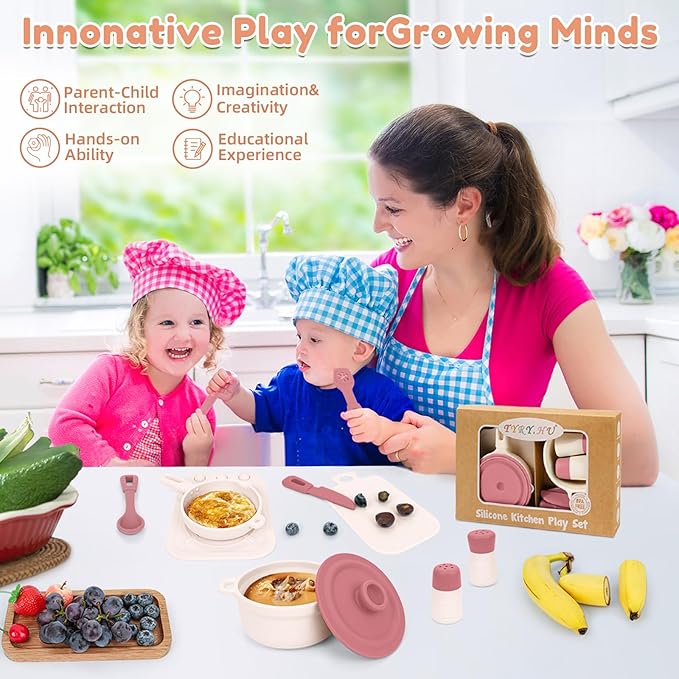 TYRY.HU Play Kitchen Accessories, 11Pcs BPA Free Silicone Pretend Play Food Sets, Play Kitchen Set,Play Kitchen Cooking Utensils Pots & Pans, Pretend Role Play Cooking Toys Gifts for Toddlers 1-3,Pink