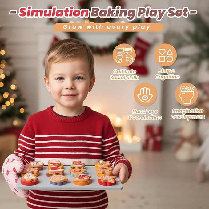 Slice and Bake Wooden Chrismas Cookie Play Food Set for Kids, Kitchen Toys Food Accessories for Toddlers, Pretend Play Baking Set for 3 4 5 Years Old Girls Boys Birthday Gifts