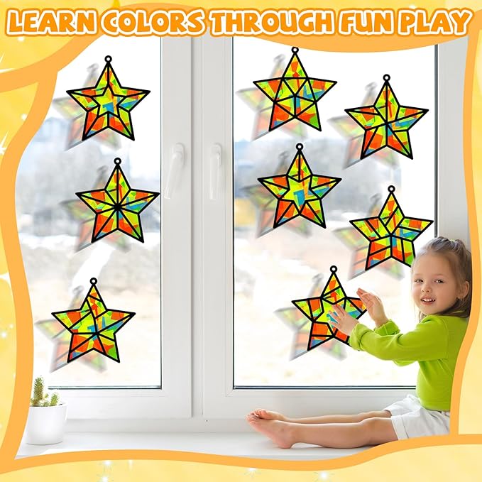 QOUBAI 32 Sets Back to School Stars Suncatchers Craft DIY Window Stained Glass Effect Patriotic 4th of July Paper Craft Home School Classroom Decor Kid Birthday Gift Creative Art Project Activity Game