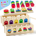 Montessori 4 in 1 Wooden Sorting Shape Sorter and Stacking Toy Box Color Matching Counting Fishing Game Preschool Educational Toys for Toddler 1 2 3 Years Baby Boys and Girls Gifts