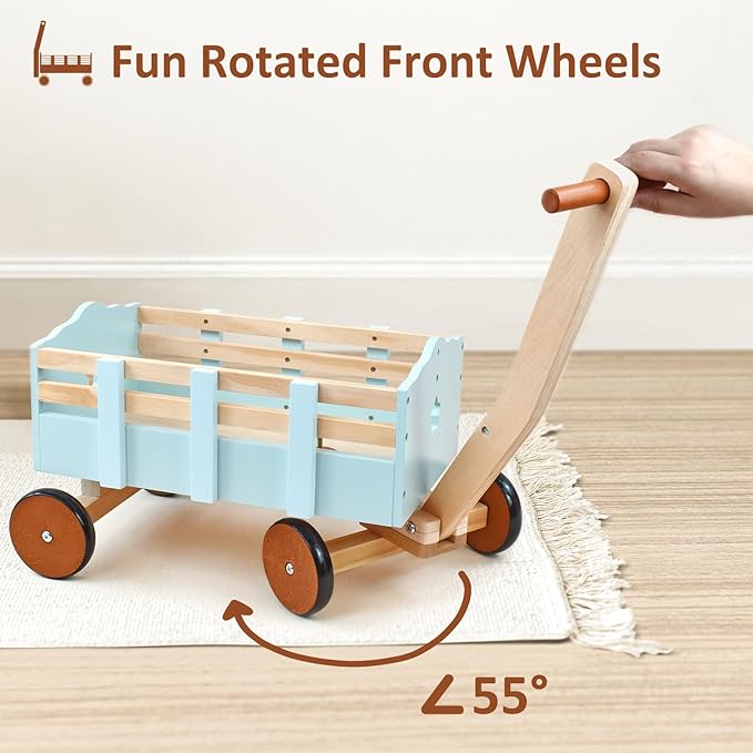 PairPear Kids Wagon Toy,Wooden Toys Cargo Walker Cart Wagon Stroller,Toddler Push and Pull Baby Walker Gift for Babies Boys and Girls