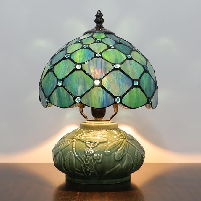 Small Tiffany Lamp Mushroom Table Lamp, Mini Stained Glass Desk Light Memory Sympathy Ceramic lamp 8X11 Inch (Sea Blue Pearl Style)