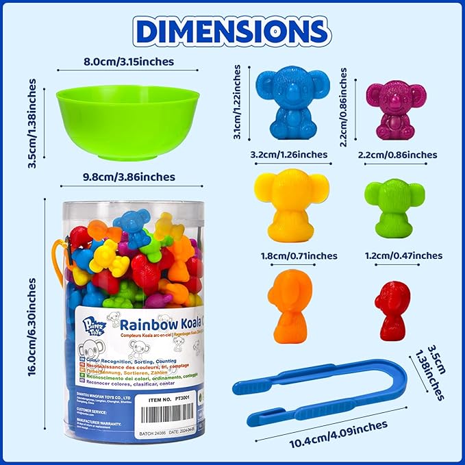 Counting Toys for Toddlers, 60 Rainbow Koala Counters w/Sorting Bowls, Color Sorting, Counting & Math Manipulatives, Preschool Homeschool & Classroom Early Learning Supplies