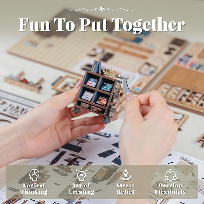 CUTEBEE DIY Book Nook Kit, Miniature House Kits for Adult and Teens, DIY Miniature Book Nook kit with Sensor Led Light, Gifts for Lovers and Family (Muse Bookstore)