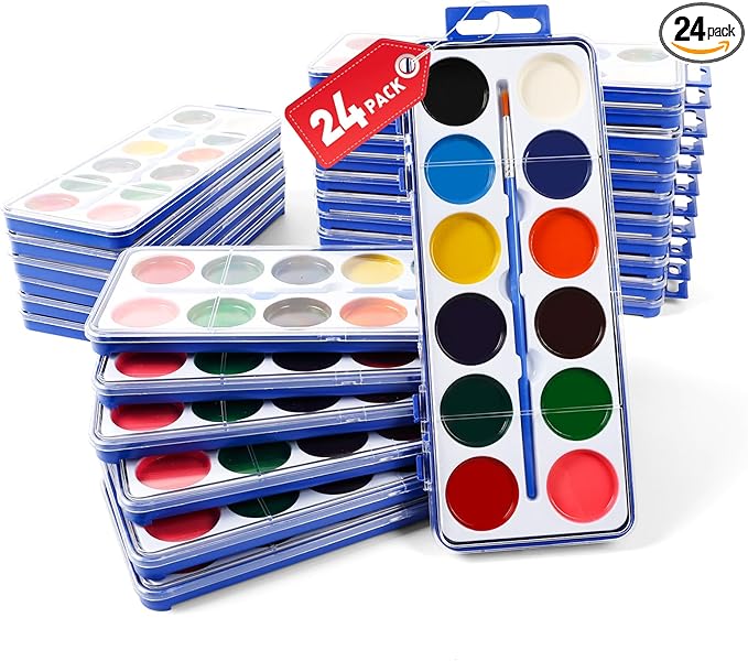 24 Pack Watercolor Paint Set for Kids, 12 Colors Watercolors Paints with Paint Brush, Kids Watercolor Paint Set for Party Favor, Classroom.